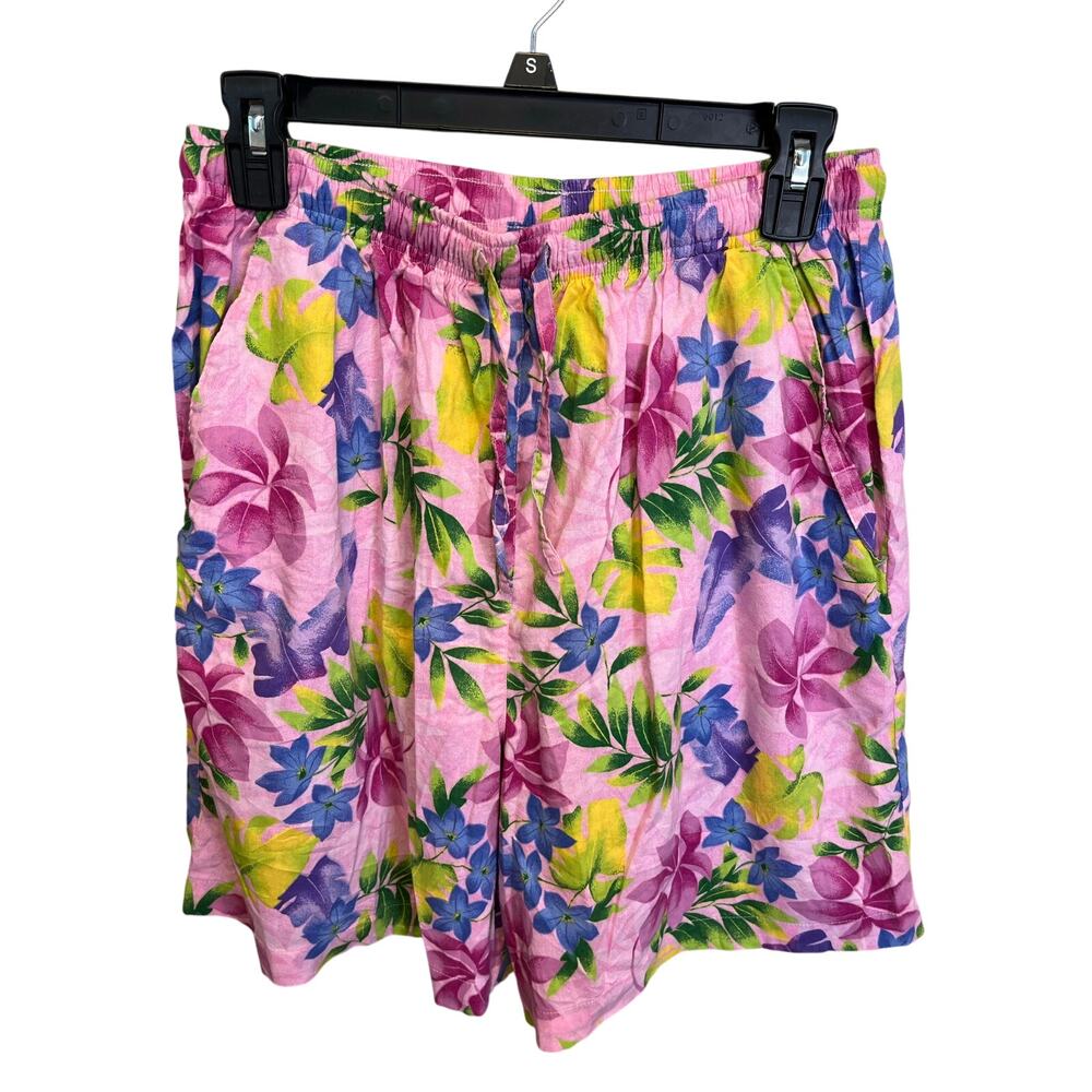 Vintage 90's Erika & Co Elastic Waist Pink Floral Casual Cotton Shorts Large